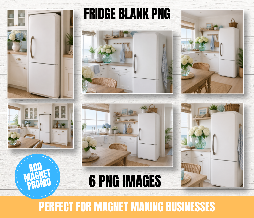 Fridge Mock Up PNG Bundle | 6 Coastal Kitchen Refrigerator Backgrounds