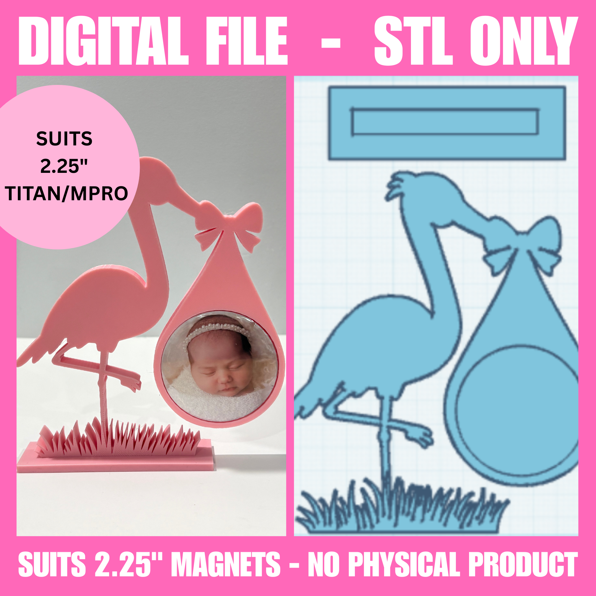 Stork with Baby Bundle 2.25" Round Magnet Frame STL | Digital Download