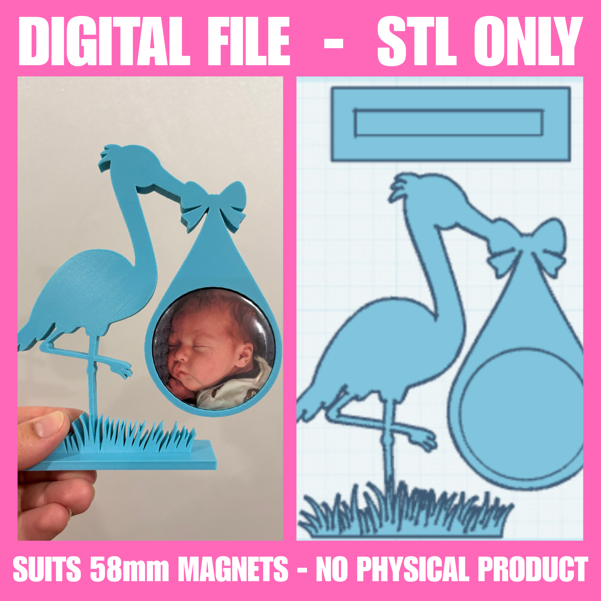 Stork with Baby Bundle 58mm Round Magnet Frame STL | Digital Download